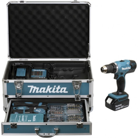 Pack Perceuse visseuse 18 V Li-Ion 3 Ah (coffret alu + kit d'accessoires)